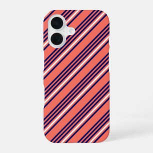 Coque iPhone 16 Corail, bleu marine et blanc cinq bandes motif