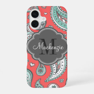 Coque iPhone 16 Corail Bohemian Paisley Monogramme Personnalisé