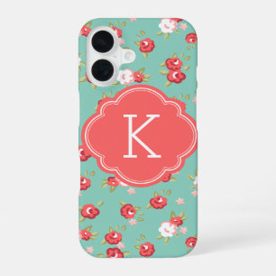 Coque iPhone 16 Corail et Aqua Chic Vintage Floral Imprimer Monogr