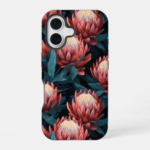 Coque iPhone 16 Corail foncé Gras Protea Floral dur