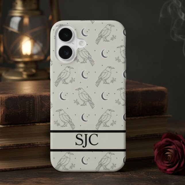 Coque iPhone 16 Corbeau Céleste Académie Sombre (Gothic raven monogram phone case)