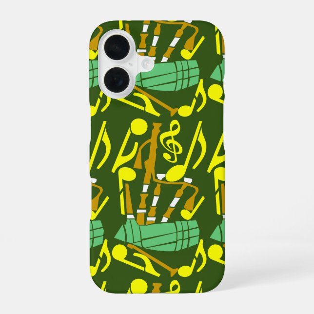 Coque iPhone 16 Cornemuse Notes de musique jaunes (Verso)