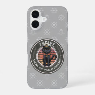 Coque iPhone 16 Coucher de soleil de chat noir : un voyage pour le