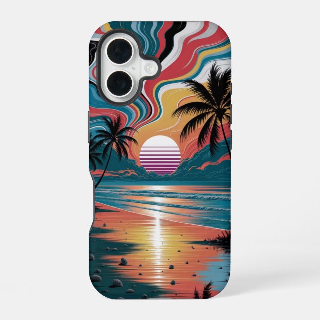 Coque iPhone 16 Coucher de soleil Retro Wave (Verso)