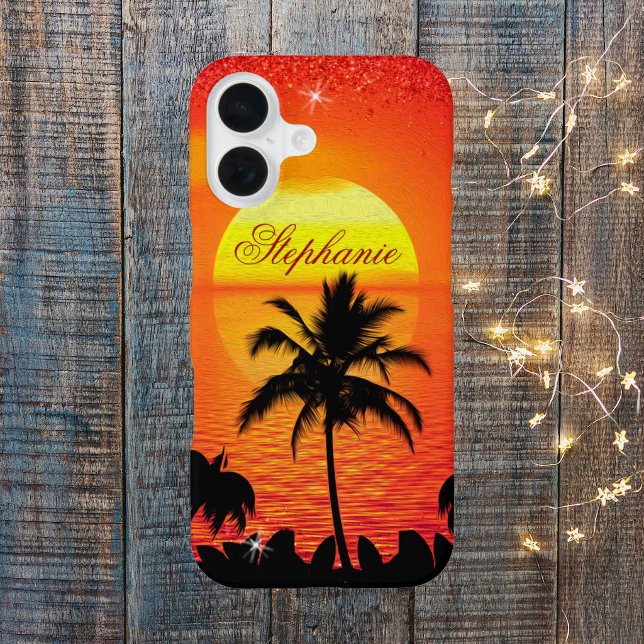 Coque iPhone 16 Coucher de soleil sur l'océan avec arbre à palmes  (Ocean Sunset with Palm Trees Phone Case)