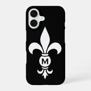 Coque iPhone 16 Couleurs DIY Monogramme Fleur De Lis Noir & Blanc