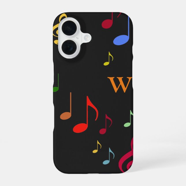 Coque iPhone 16 couleurs sur des notes de musique noires (Verso)