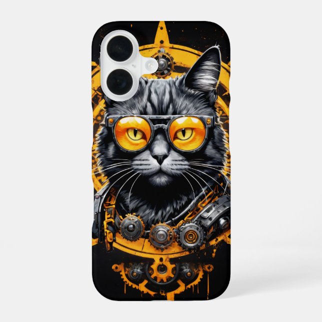 Coque iPhone 16 Couverture de chat jaune cyber futuriste (Verso)