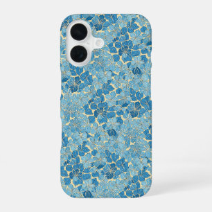 Coque iPhone 16 Couverture motif fleurs vintage bleu céruléen