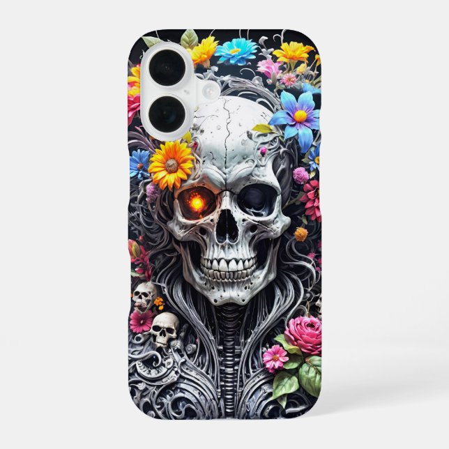 Coque iPhone 16 Crâne blindé avec housse de fleur (Verso)