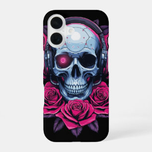 Coque iPhone 16 Crâne de mort néon cyber et roses noires