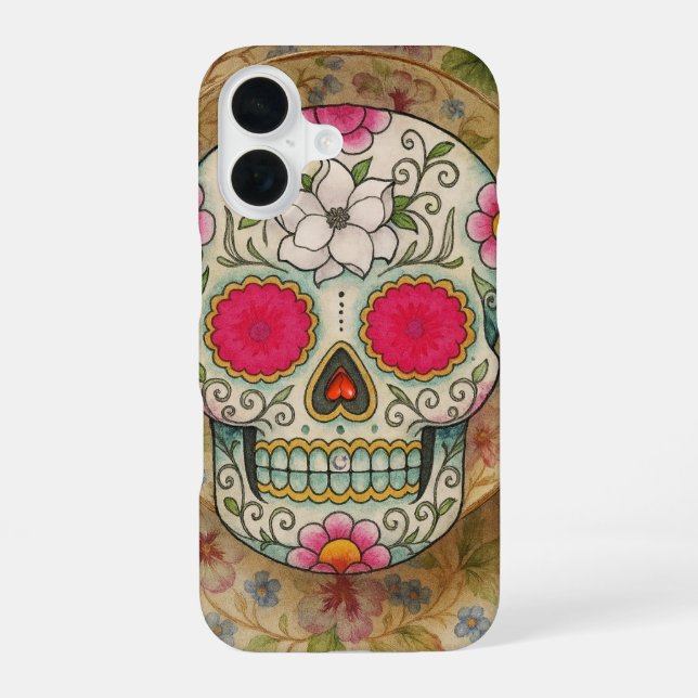 Coque iPhone 16 Crâne de sucre de tasse à thé (Verso)