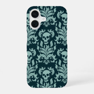 Coque iPhone 16 Crâne flamme Damas en vert menthe sur bleu profond