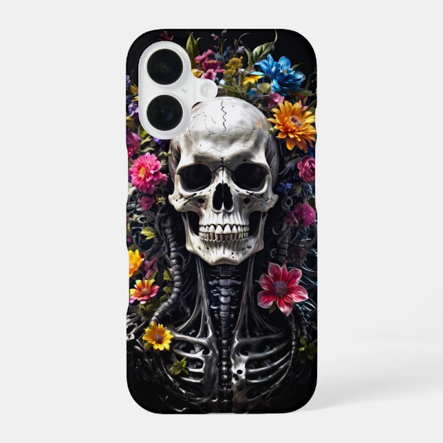 Coque iPhone 16 Crâne fleuri sur couverture noire (Verso)