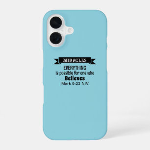 Coque iPhone 16 Croire aux miracles verset biblique bleu clair