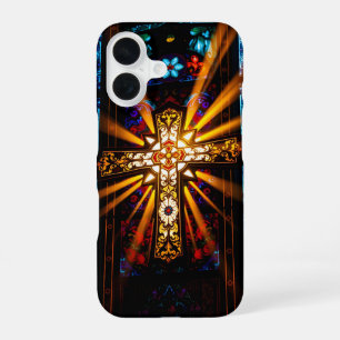 Coque iPhone 16 Croix illuminée vitrail chrétien