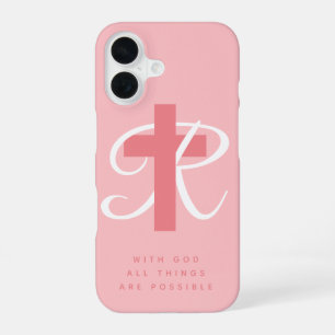Coque iPhone 16 Croix religieuse élégante monogramme nom corail ro