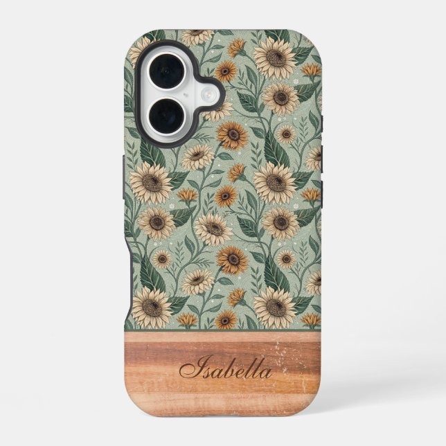Coque iPhone 16 Custom Boho Sunflowers Wood Effect (Verso)