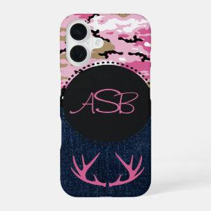 Coque iPhone 16 Custom Cute Dark Blue Jeans Pink Antler Camo