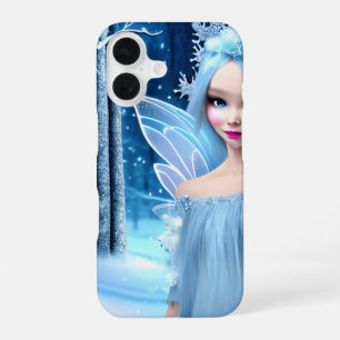 Coque iPhone 16 Cute 3d bleu clair Fée d'hiver dans la forêt
