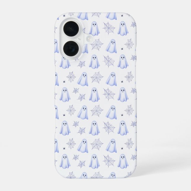Coque iPhone 16 Cute Ghost and Spider Web Halloween Pattern (Verso)