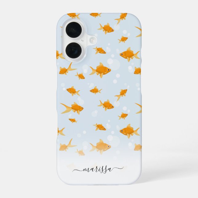 Coque iPhone 16 Cute poisson d'or nager dans l'eau Script Nom pers (Verso)