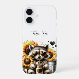 Coque iPhone 16 Cute Raccoon et tournesols