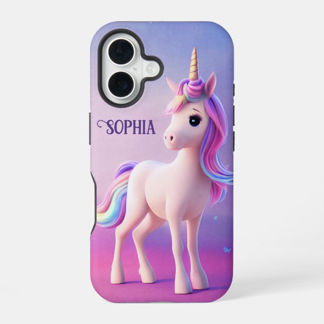 Coque iPhone 16 Cute Unicorne Blanche Avec Rose & Bleu Mane (Verso)