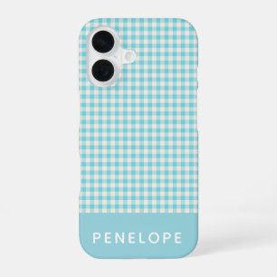 Coque iPhone 16 Cute Vintage Aqua Blue En vichy Plaid Personnalisé