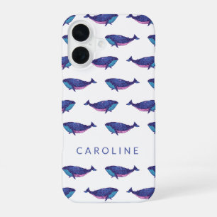 Coque iPhone 16 Cute Whale Art Motif dans Ocean Blue Personnalisé