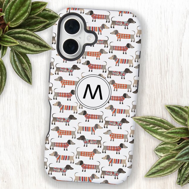 Coque iPhone 16 Dachshund Saucisse Chien Monogramme initial (Fun Dachshund Wiener Sausage dog pattern monogram initial personalized cell phone case)