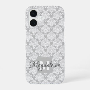 Coque iPhone 16 Damas blanc sur Monogramme gris et nom jolie