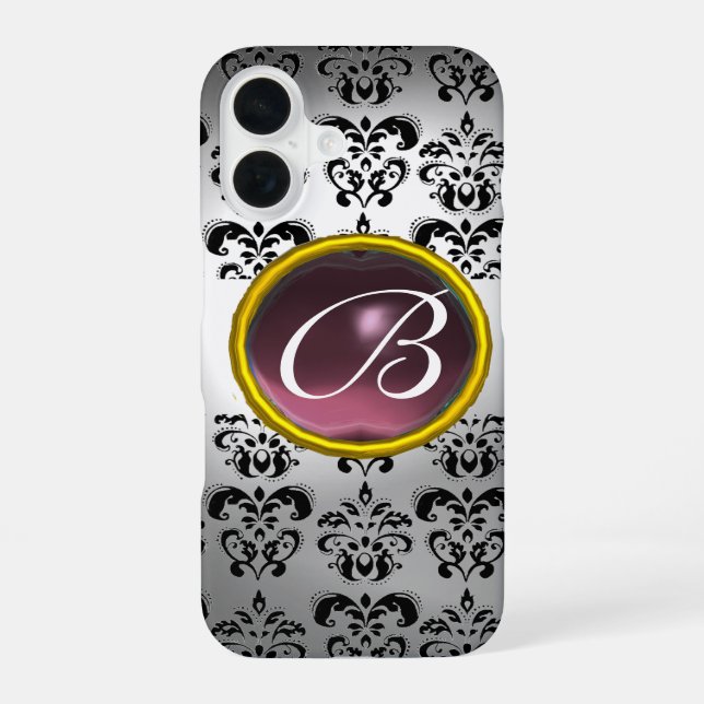 Coque iPhone 16 DAMASK GEM MONOGRAM blanc noir violet (Verso)
