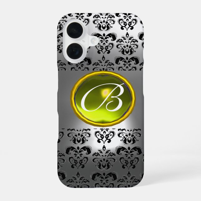 Coque iPhone 16 DAMASK GEM MONOGRAM cristal blanc jaune (Verso)