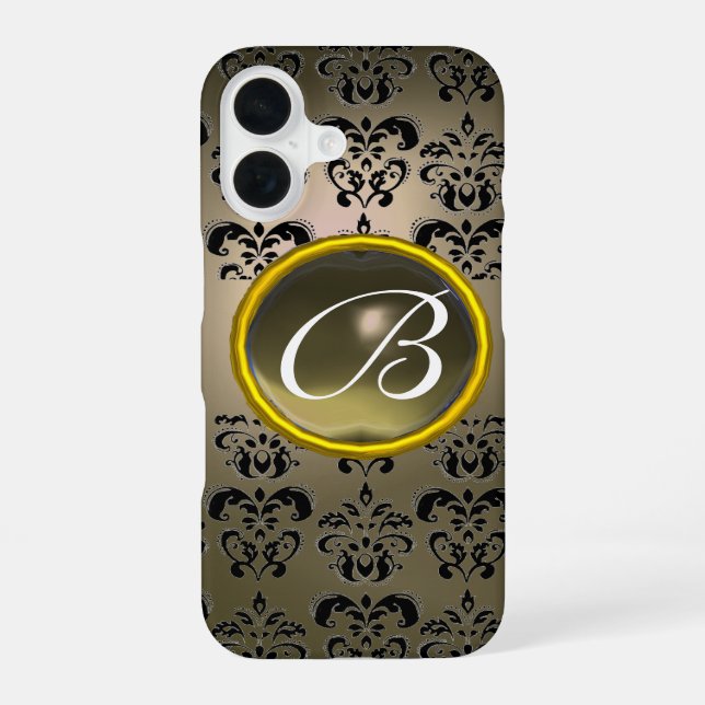 Coque iPhone 16 DAMASK GEM MONOGRAM gris noir (Verso)