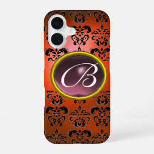 Coque iPhone 16 DAMASK GEM MONOGRAM orange noir violet