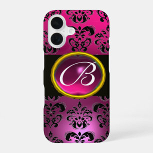Coque iPhone 16 DAMASK GEM MONOGRAM Rose, Fuchsia Violet Améthyste