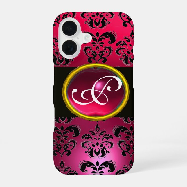 Coque iPhone 16 DAMASK GEM MONOGRAM Rose Rouge Rubis (Verso)