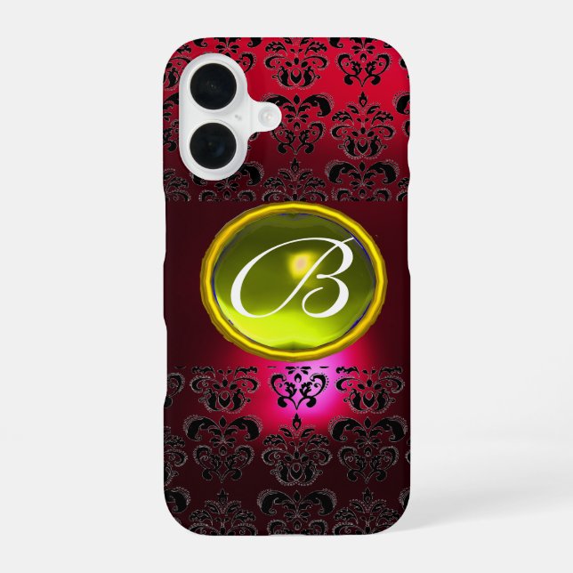 Coque iPhone 16 DAMASK GEM MONOGRAM Topaze jaune ,Rubis rouge (Verso)
