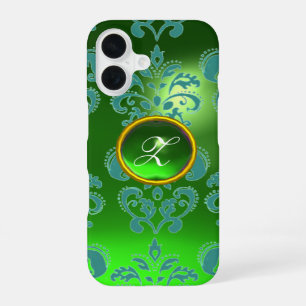 Coque iPhone 16 DAMASK GEM MONOGRAM vert