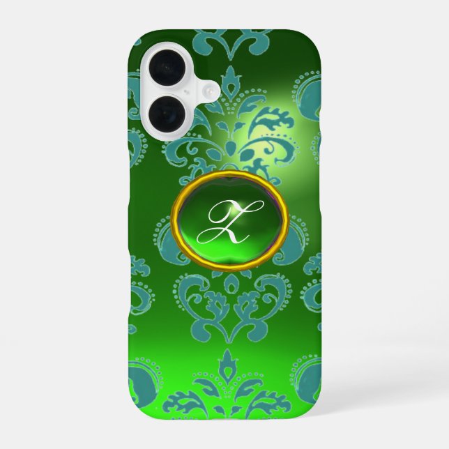 Coque iPhone 16 DAMASK GEM MONOGRAM vert (Verso)