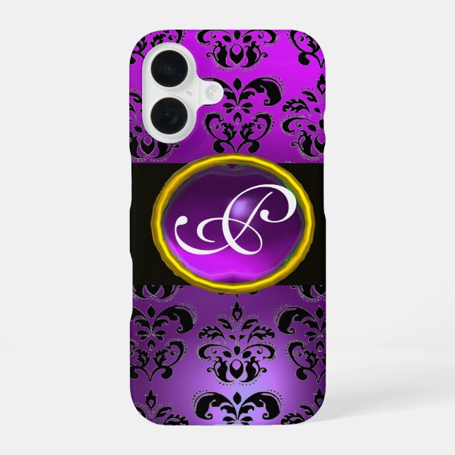 Coque iPhone 16 DAMASK GEM MONOGRAM Violet  Pourpre Améthyste (Verso)