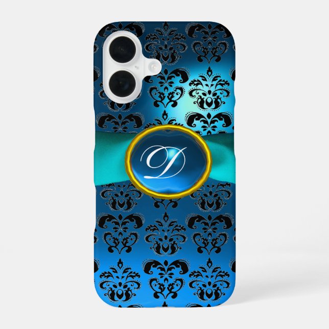 Coque iPhone 16 DAMASK GIRLY MONOGRAM  ruban bleu (Verso)