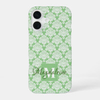 Damassé blanc sur monogramme vert et joli nom