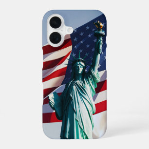 Coque iPhone 16 Dame de la Liberté Drapeau Américain