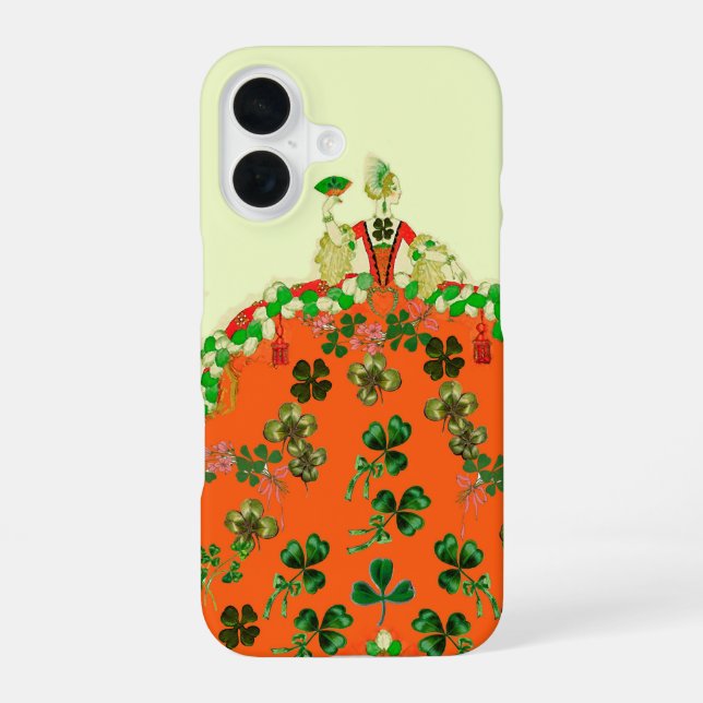 Coque iPhone 16 DAME ORANGE ET TRÈFLES Mode de la Saint-Patrick (Verso)