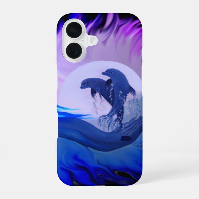 Coque iPhone 16 Dauphins au clair de lune (Verso)