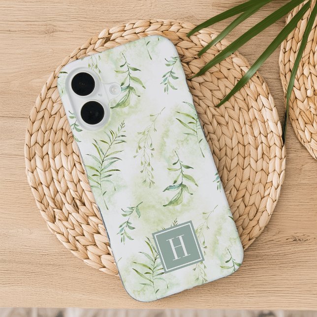 Coque iPhone 16 Délicat Ethereal Pastel Green Botanical Monogramme (Créateur téléchargé)