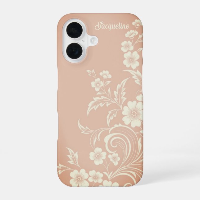 Coque iPhone 16 Délicate Pêche & Fleurs Blanches (Verso)