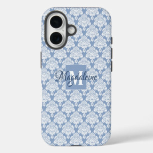 Coque iPhone 16 Dentelle blanche damassée sur monogramme et nom bl